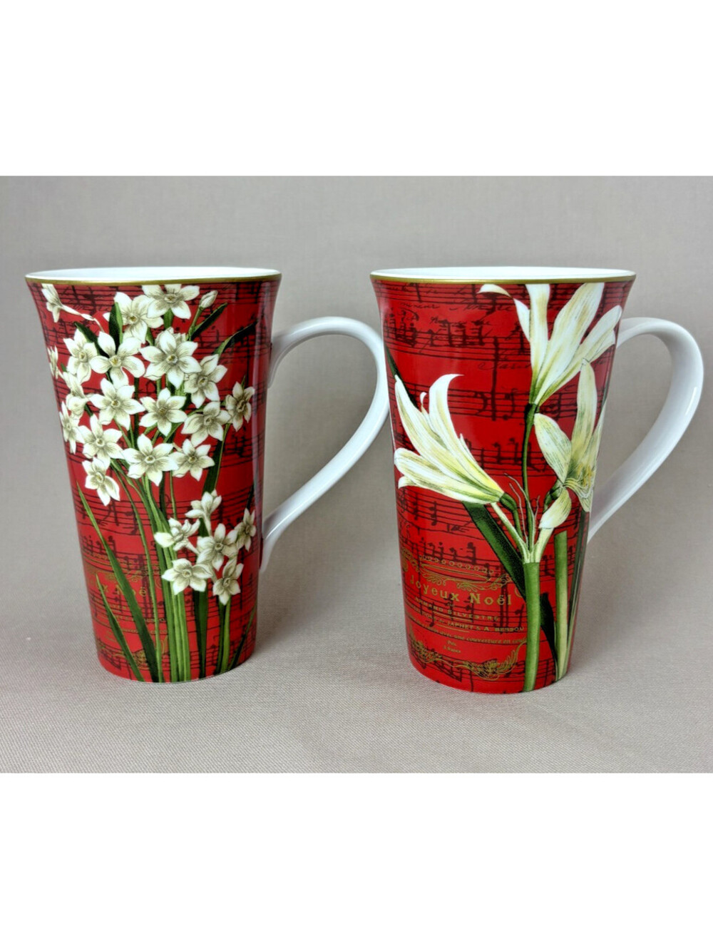 222 Fifth Noella Christmas Coffee Mugs Set of 2 Red Amaryllis Tall Latte 16oz